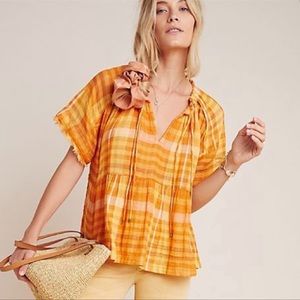 Anthropologie Orange Plaid Top
